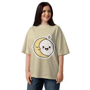 Same Moon women's organic oversized tee in Stone — two-mood moon sticker graphic, Quiet Hours series by Norpex