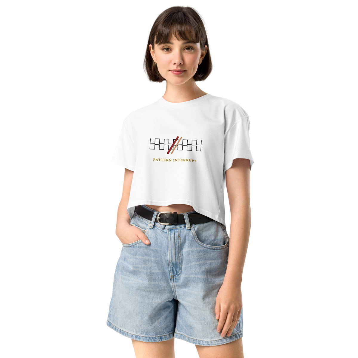 Norpex Pattern Interrupt crop top — repeating geometric border with diagonal slash graphic, minimal streetwear, relaxed fit, combed cotton, ships to Canada and USA