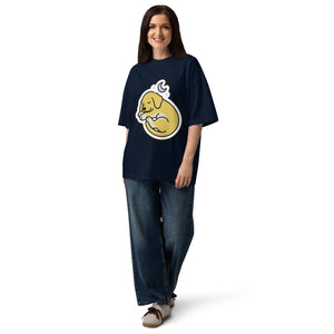 Full Battery women's oversized tee — a sleeping puppy curled under a crescent moon, Quiet Hours series by Norpex