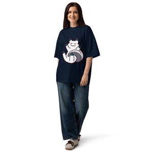 Curled Up women's oversized tee — a curled-up cat resting on its own tail, Quiet Hours series by Norpex