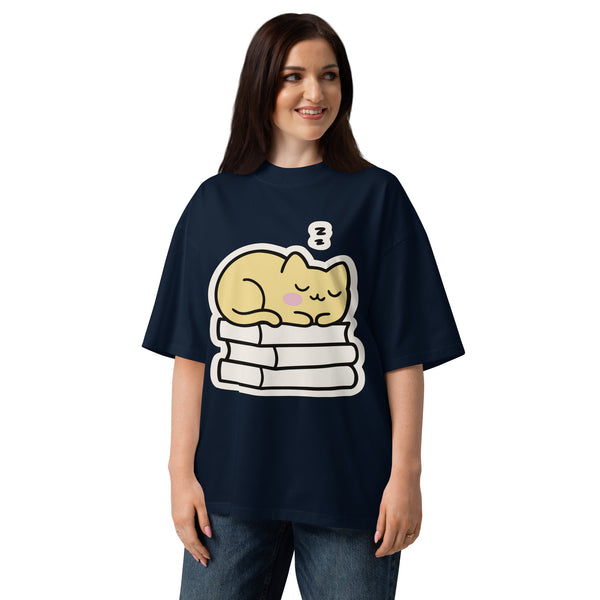 Do Not Wake organic oversized tee in French Navy — sleeping cat on a stack of books, Quiet Hours series by Norpex