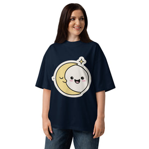 Same Moon women's organic oversized tee in French Navy — two-mood moon sticker graphic, Quiet Hours series by Norpex