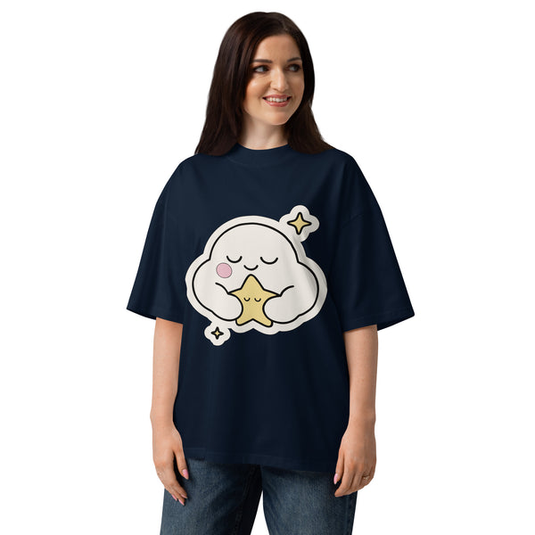 Holding It Together women's organic oversized tee in French Navy — cloud hugging a star, Quiet Hours series by Norpex