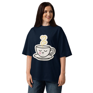Steeping women's organic oversized tee in French Navy — sleepy teacup with heart-shaped steam, Quiet Hours series by Norpex