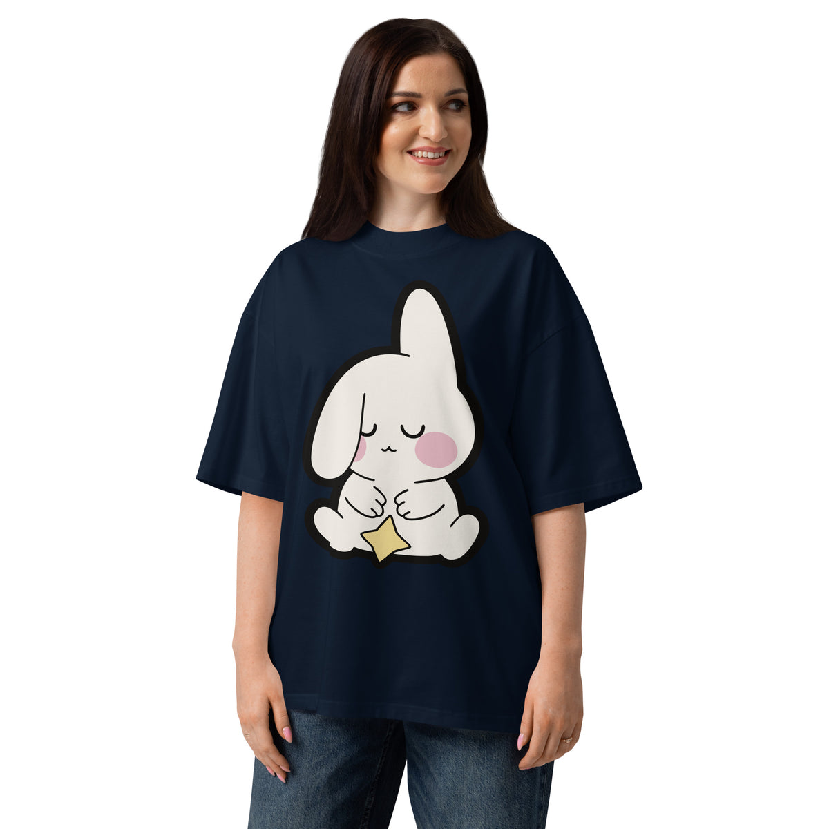 Almost Asleep women's organic oversized tee in French Navy — sleepy bunny holding a star, Quiet Hours series by Norpex
