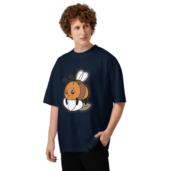 Slow Bloom men's organic oversized tee in French Navy — a bee resting on a blooming flower, Quiet Hours series by Norpex