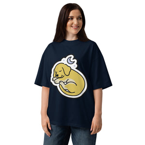 Full Battery women's organic oversized tee in French Navy — a sleeping puppy curled under a crescent moon, Quiet Hours series by Norpex