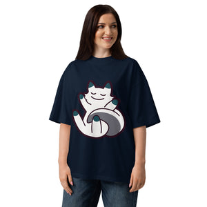Curled Up women's organic oversized tee in French Navy — a curled-up cat resting on its own tail, Quiet Hours series by Norpex