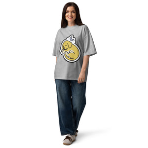 Full Battery women's oversized tee — a sleeping puppy curled under a crescent moon, Quiet Hours series by Norpex