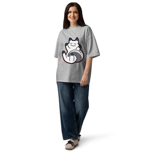 Curled Up women's oversized tee — a curled-up cat resting on its own tail, Quiet Hours series by Norpex
