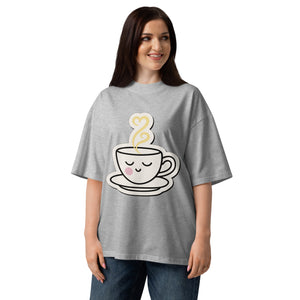 Steeping women's organic oversized tee in Heather Grey — sleepy teacup with heart-shaped steam, Quiet Hours series by Norpex