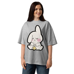 Almost Asleep women's organic oversized tee in Heather Grey — sleepy bunny holding a star, Quiet Hours series by Norpex