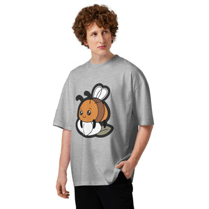 Slow Bloom men's organic oversized tee in Heather Grey — a bee resting on a blooming flower, Quiet Hours series by Norpex