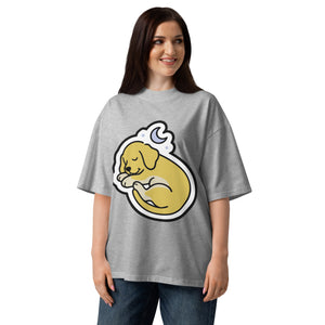 Full Battery women's organic oversized tee in Heather Grey — a sleeping puppy curled under a crescent moon, Quiet Hours series by Norpex