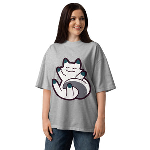 Curled Up women's organic oversized tee in Heather Grey — a curled-up cat resting on its own tail, Quiet Hours series by Norpex