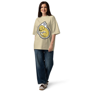Full Battery women's oversized tee — a sleeping puppy curled under a crescent moon, Quiet Hours series by Norpex