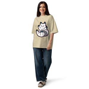 Curled Up women's oversized tee — a curled-up cat resting on its own tail, Quiet Hours series by Norpex