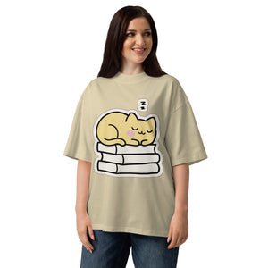 Do Not Wake organic oversized tee in Stone — sleeping cat on a stack of books, Quiet Hours series by Norpex