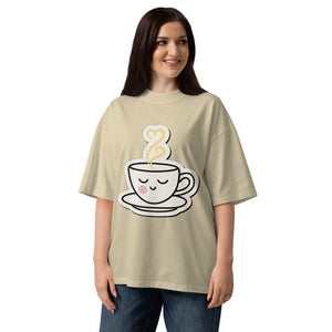 Steeping women's organic oversized tee in Stone — sleepy teacup with heart-shaped steam, Quiet Hours series by Norpex
