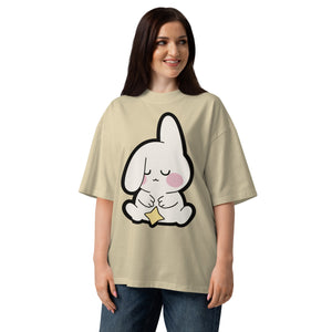 Almost Asleep women's organic oversized tee in Stone — sleepy bunny holding a star, Quiet Hours series by Norpex