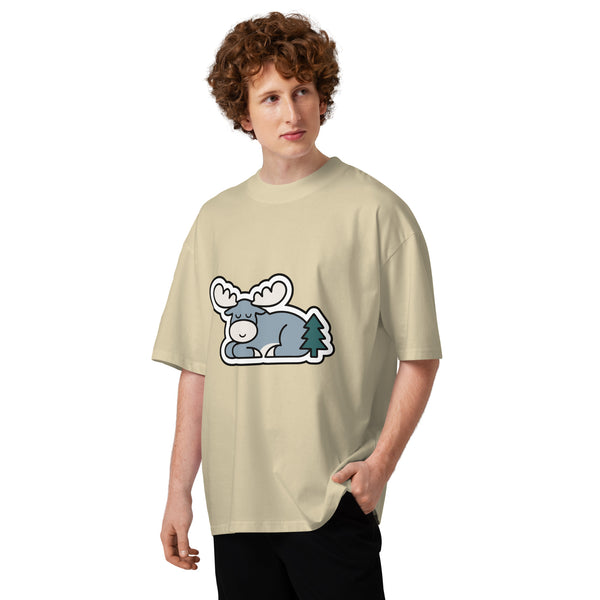 Not Going Anywhere men's organic oversized tee in Stone — a resting moose with one pine tree standing guard, Quiet Hours series by Norpex