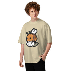 Slow Bloom men's organic oversized tee in Stone — a bee resting on a blooming flower, Quiet Hours series by Norpex
