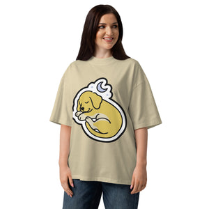 Full Battery women's organic oversized tee in Stone — a sleeping puppy curled under a crescent moon, Quiet Hours series by Norpex