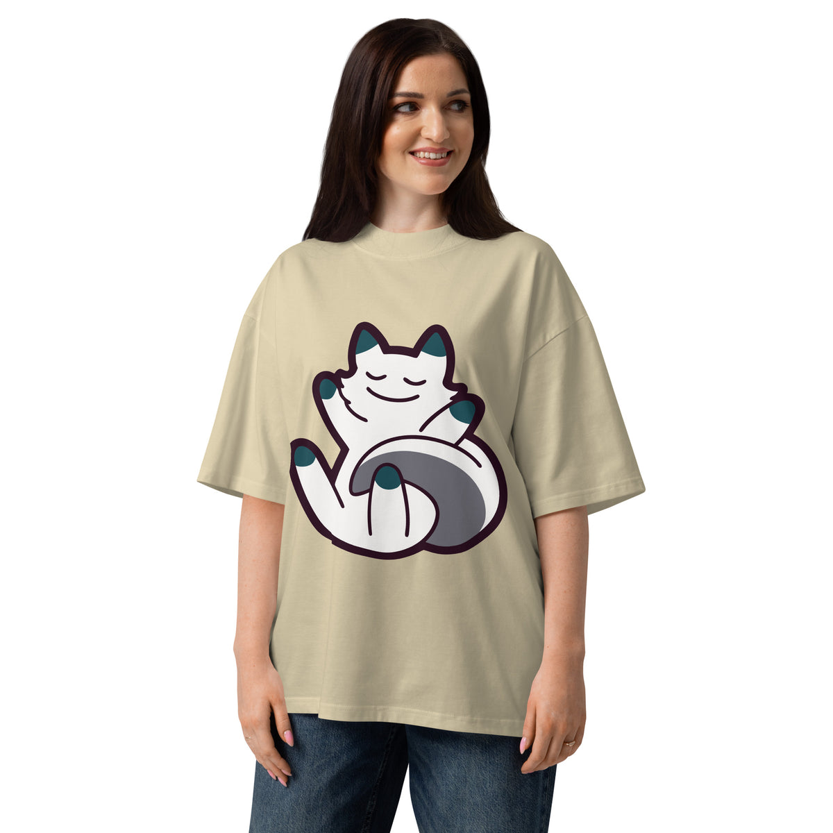 Curled Up women's organic oversized tee in Stone — a curled-up cat resting on its own tail, Quiet Hours series by Norpex