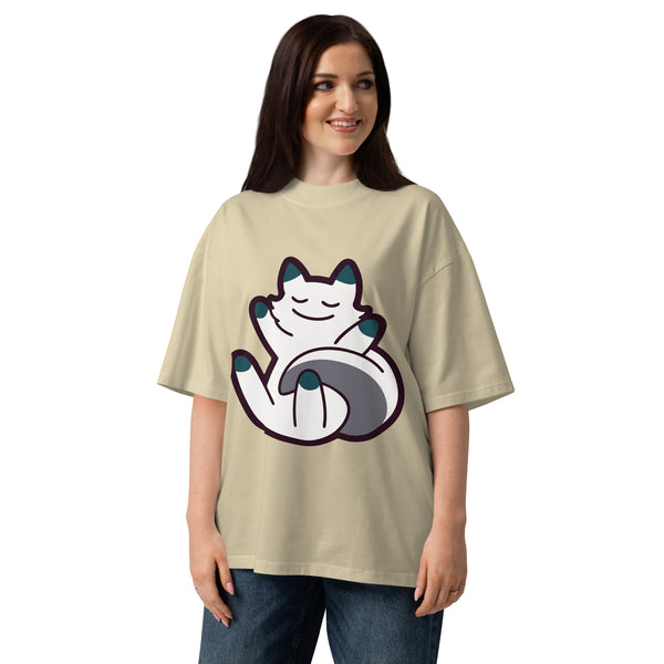 Curled Up women's organic oversized tee in Stone — a curled-up cat resting on its own tail, Quiet Hours series by Norpex