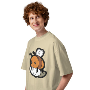Slow Bloom men's oversized tee — a bee resting on a blooming flower, Quiet Hours series by Norpex
