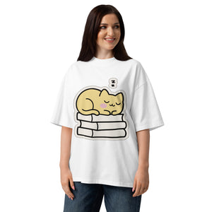 Do Not Wake organic oversized tee in White — sleeping cat on a stack of books, Quiet Hours series by Norpex