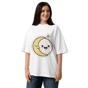 Same Moon women's organic oversized tee in White — two-mood moon sticker graphic, Quiet Hours series by Norpex