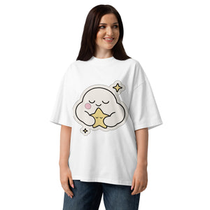 Holding It Together women's organic oversized tee in White — cloud hugging a star, Quiet Hours series by Norpex