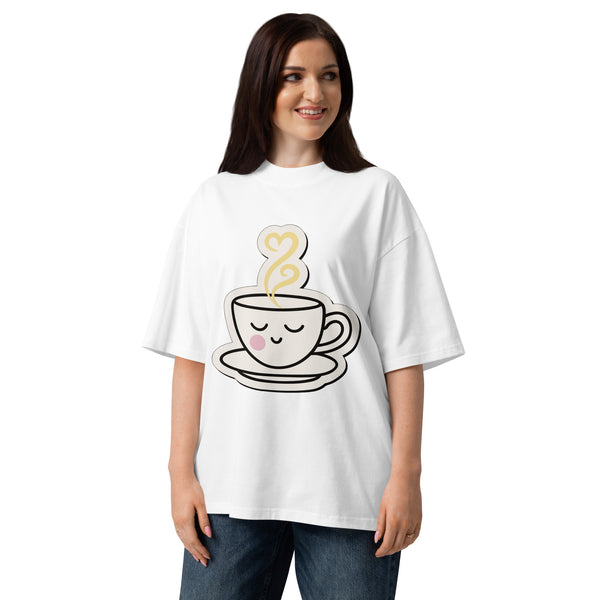 Steeping women's organic oversized tee in White — sleepy teacup with heart-shaped steam, Quiet Hours series by Norpex