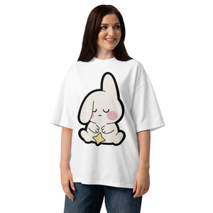 Almost Asleep women's organic oversized tee in White — sleepy bunny holding a star, Quiet Hours series by Norpex