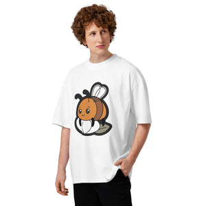 Slow Bloom men's organic oversized tee in White — a bee resting on a blooming flower, Quiet Hours series by Norpex