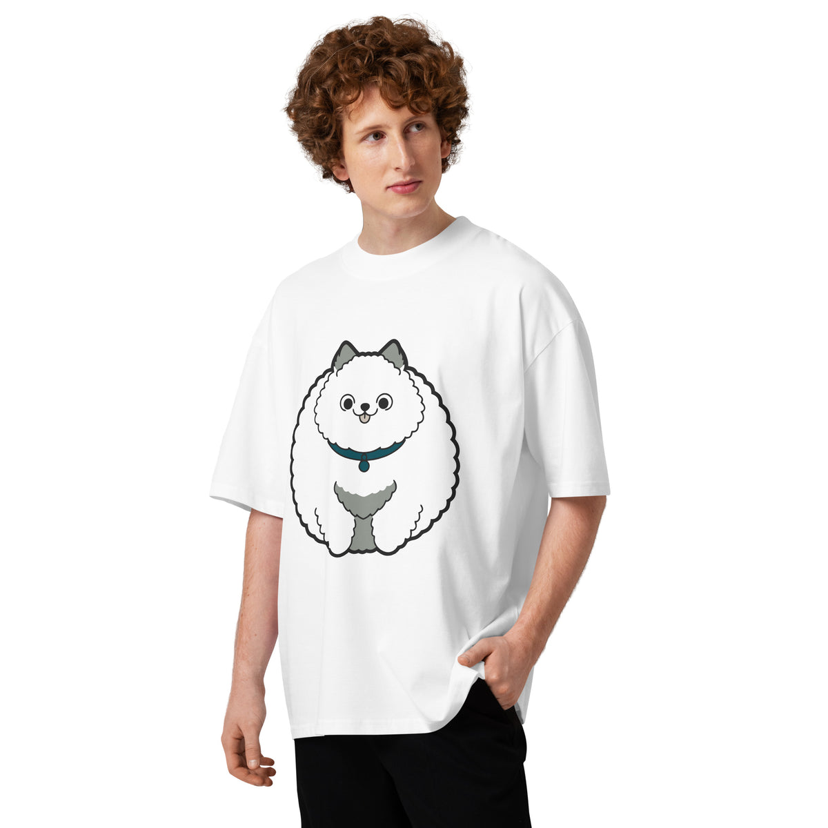 Wide Awake men's organic oversized tee in S — a fluffy dog wide awake and alert, Quiet Hours series by Norpex