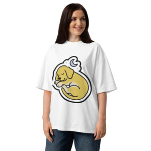 Full Battery women's organic oversized tee in White — a sleeping puppy curled under a crescent moon, Quiet Hours series by Norpex