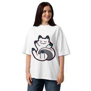 Curled Up women's organic oversized tee in White — a curled-up cat resting on its own tail, Quiet Hours series by Norpex