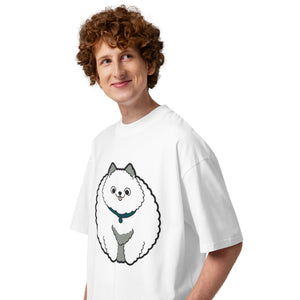 Wide Awake men's oversized tee — a fluffy dog wide awake and alert, Quiet Hours series by Norpex